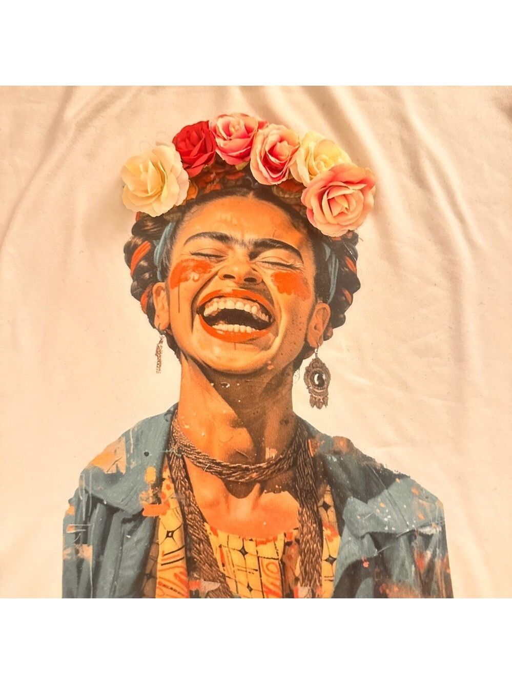 Frida Kahlo tshirt with 3D Floral Accents - Picture 1 of 4